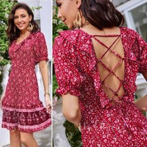 JJ’s House Short Sleeve Mini Dress Red Floral L